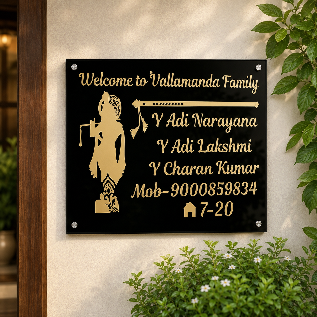 0c0fdc37-bc82-4b18-8348-c39524414811 Premium Customized Acrylic & Wooden Home Name Plate with Gold Finish - Image 1
